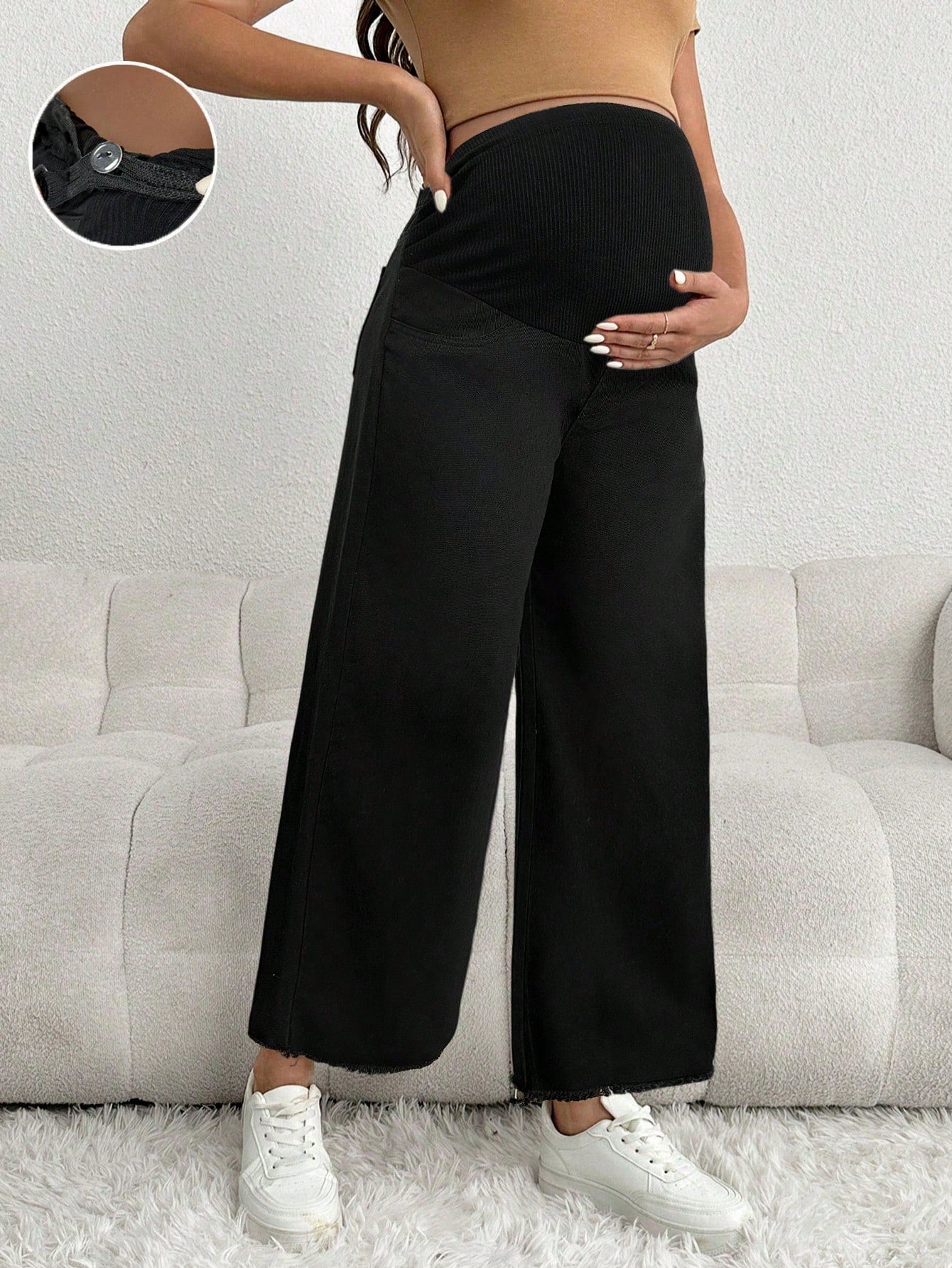 Maternity Loose White Denim Pants, Casual Wear With White Waistband, Pregnancy Jeans