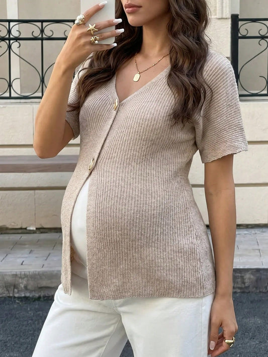 MaterniWear Maternity Knit Short Sleeve Geometric Button Cardigan, Suitable For Daily Wear, Gatherings, Outdoor Activities, Business Casual, Autumn Photoshoot