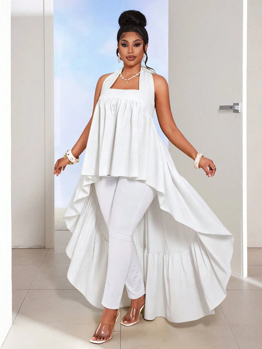 Maweii Plus Size Green Asymmetrical Collar Tie-Up Neck Blouse