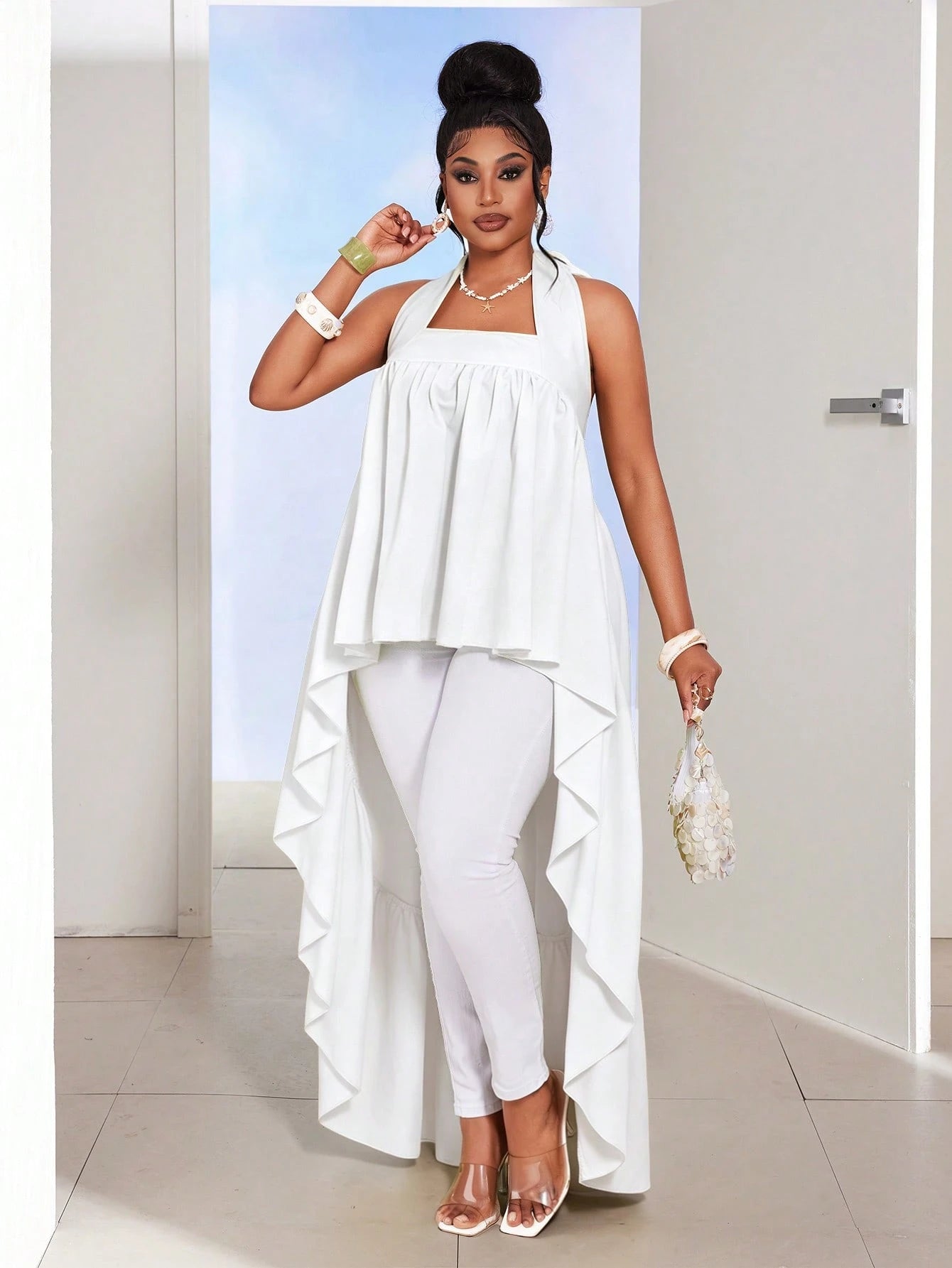 Maweii Plus Size Green Asymmetrical Collar Tie-Up Neck Blouse