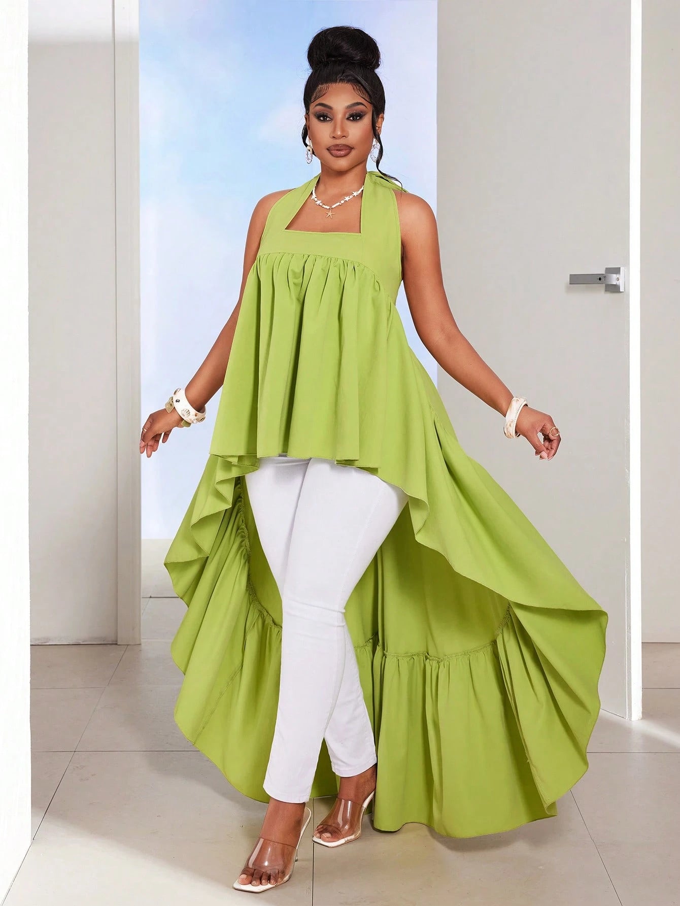 Maweii Plus Size Green Asymmetrical Collar Tie-Up Neck Blouse