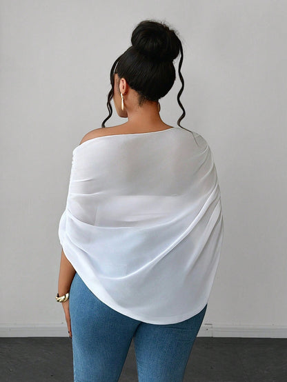 Maweii White Chiffon Asymmetrical Shoulder Top For Women, With A Unique Short-Sleeved Design Featuring Pleats And A Distinctive Style.