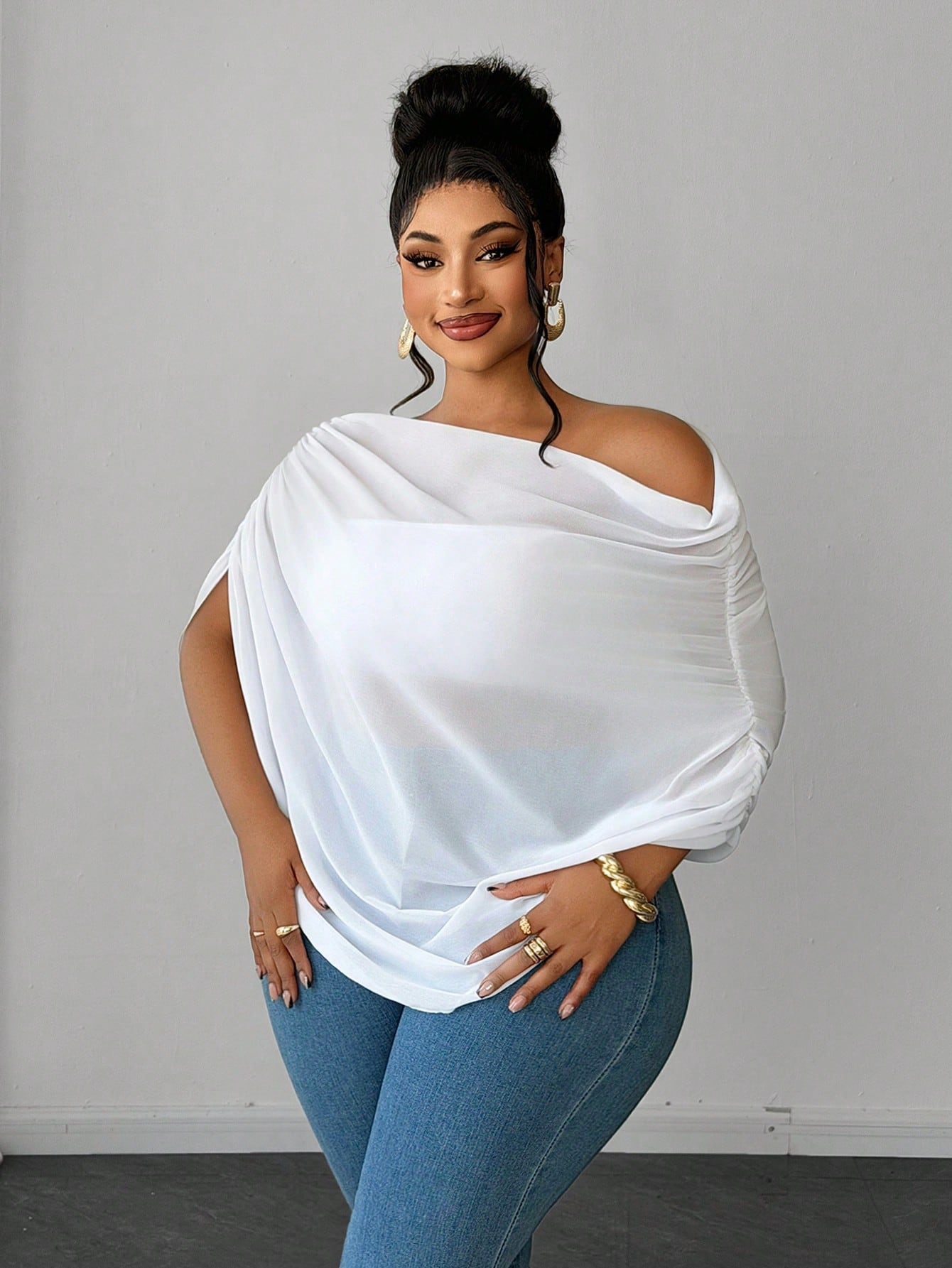 Maweii White Chiffon Asymmetrical Shoulder Top For Women, With A Unique Short-Sleeved Design Featuring Pleats And A Distinctive Style.