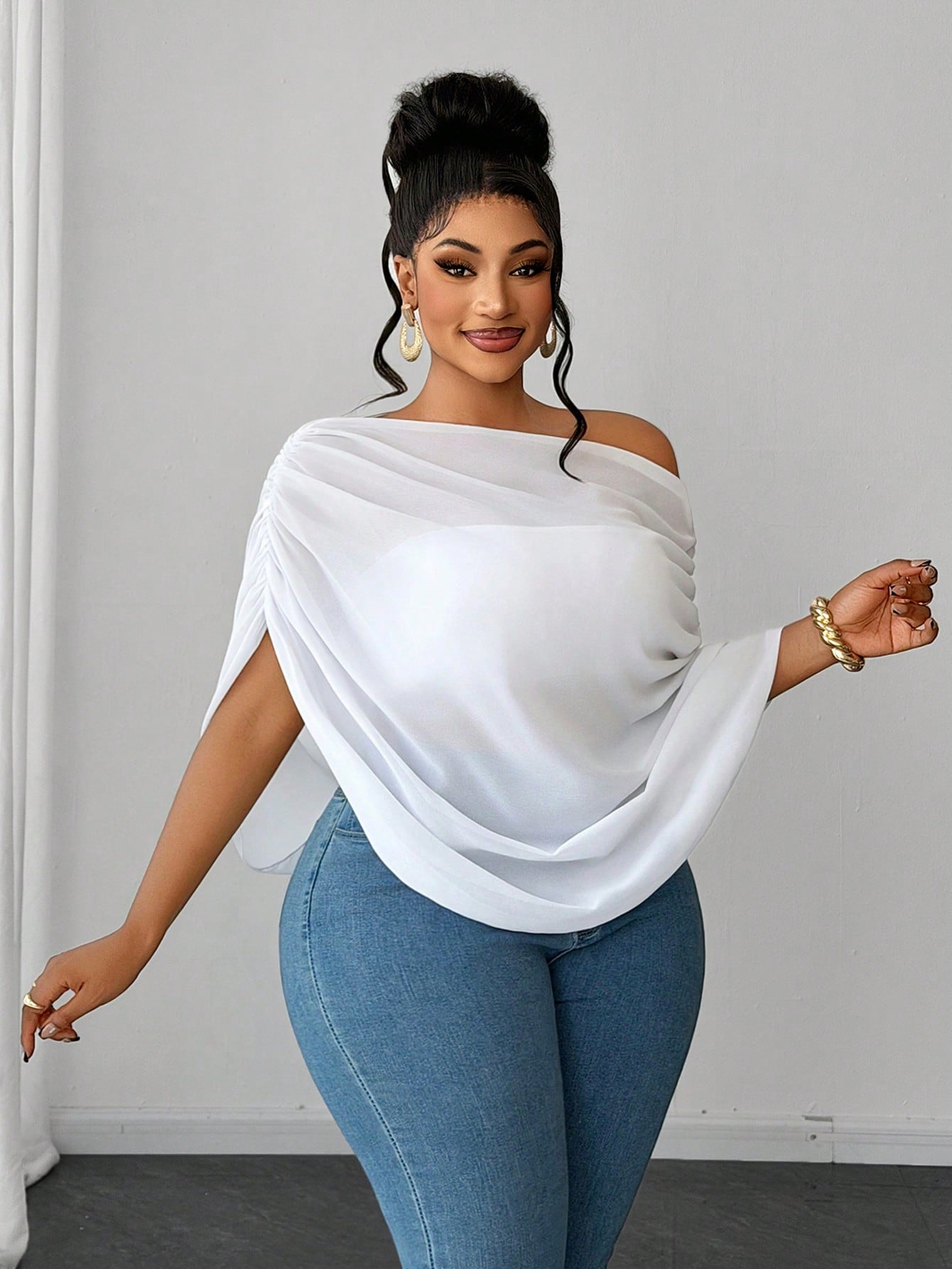 Maweii White Chiffon Asymmetrical Shoulder Top For Women, With A Unique Short-Sleeved Design Featuring Pleats And A Distinctive Style.