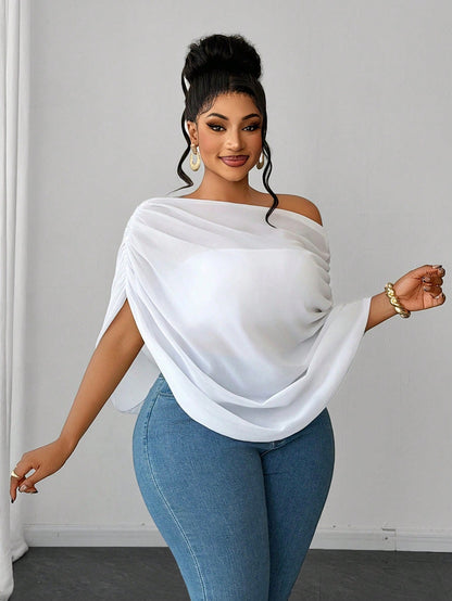 Maweii White Chiffon Asymmetrical Shoulder Top For Women, With A Unique Short-Sleeved Design Featuring Pleats And A Distinctive Style.