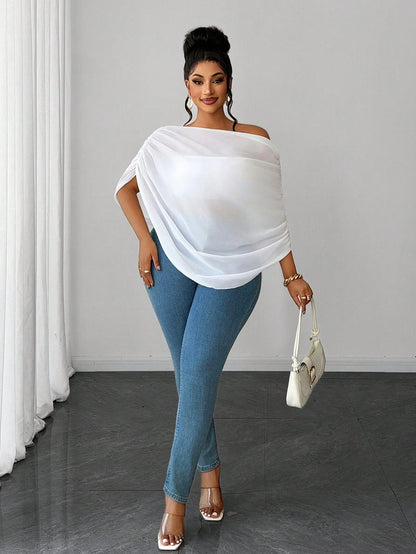 Maweii White Chiffon Asymmetrical Shoulder Top For Women, With A Unique Short-Sleeved Design Featuring Pleats And A Distinctive Style.