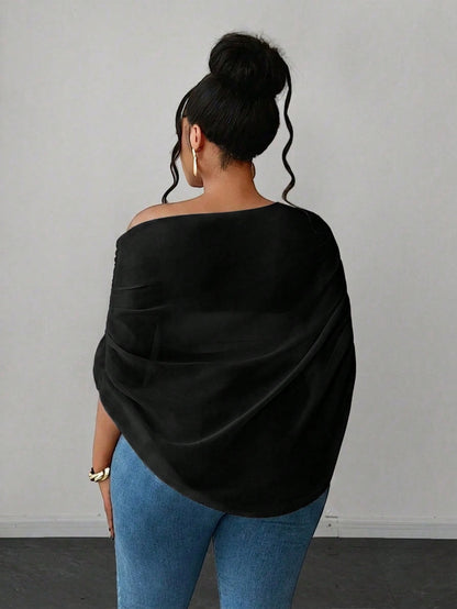 Maweii White Chiffon Asymmetrical Shoulder Top For Women, With A Unique Short-Sleeved Design Featuring Pleats And A Distinctive Style.