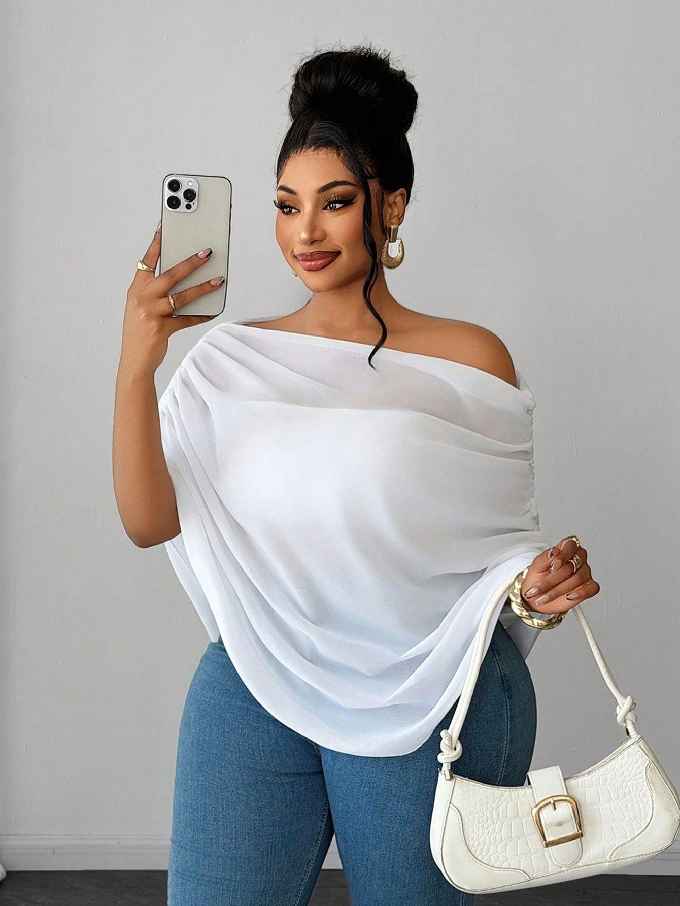 Maweii White Chiffon Asymmetrical Shoulder Top For Women, With A Unique Short-Sleeved Design Featuring Pleats And A Distinctive Style.