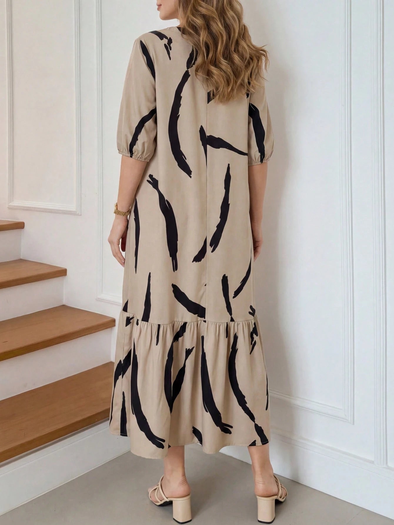 Medorina Women's Daily Wear Holiday Spring And Summer V-Neck Brush Print Beige Daily Casual Elegant Modest Dresses For Mothers Day Brunch Everyday