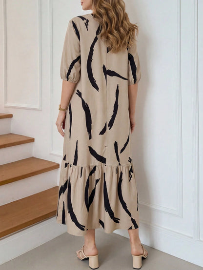 Medorina Women's Daily Wear Holiday Spring And Summer V-Neck Brush Print Beige Daily Casual Elegant Modest Dresses For Mothers Day Brunch Everyday