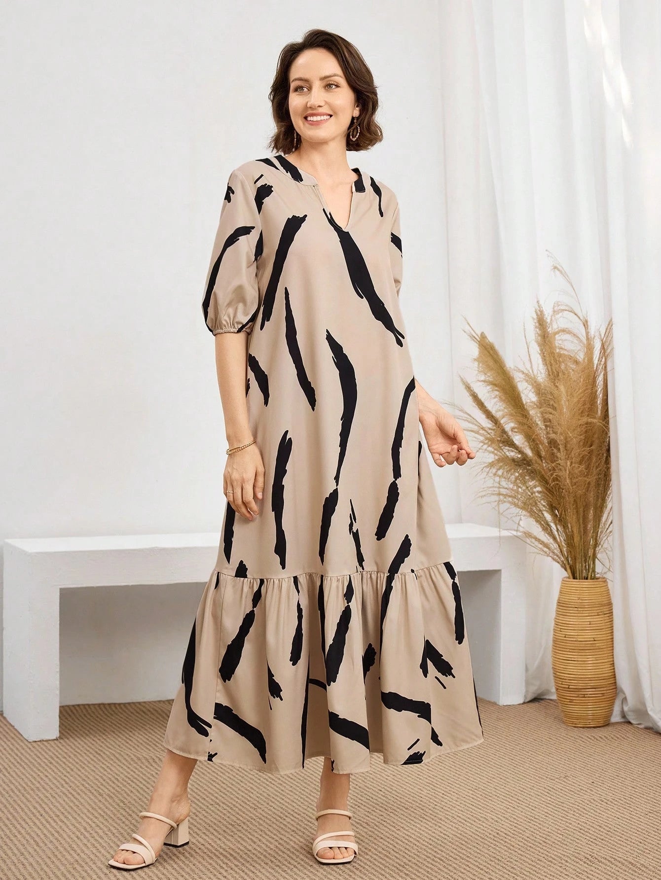 Medorina Women's Daily Wear Holiday Spring And Summer V-Neck Brush Print Beige Daily Casual Elegant Modest Dresses For Mothers Day Brunch Everyday