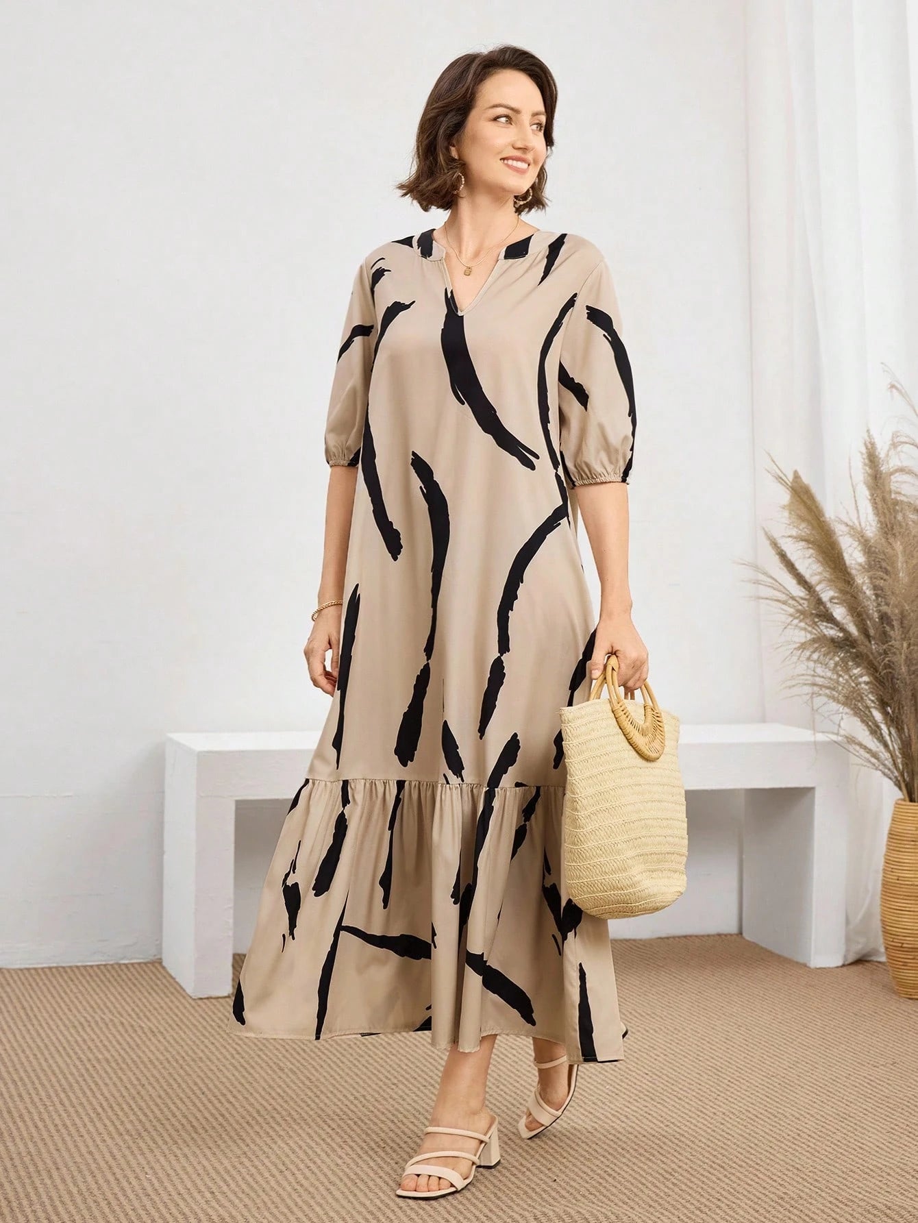 Medorina Women's Daily Wear Holiday Spring And Summer V-Neck Brush Print Beige Daily Casual Elegant Modest Dresses For Mothers Day Brunch Everyday