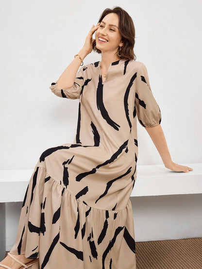 Medorina Women's Daily Wear Holiday Spring And Summer V-Neck Brush Print Beige Daily Casual Elegant Modest Dresses For Mothers Day Brunch Everyday