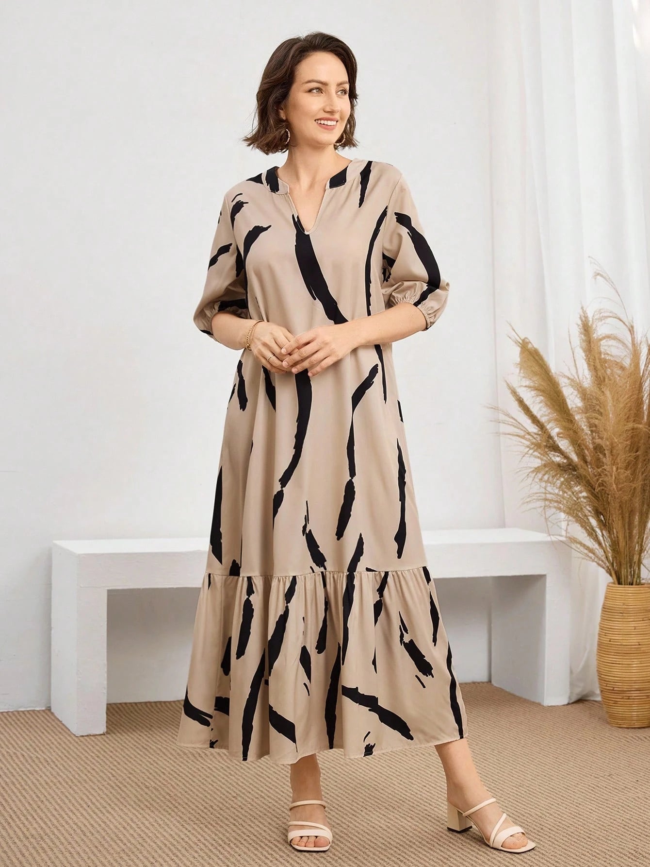 Medorina Women's Daily Wear Holiday Spring And Summer V-Neck Brush Print Beige Daily Casual Elegant Modest Dresses For Mothers Day Brunch Everyday