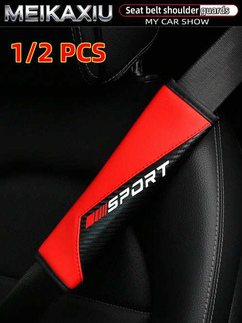 MEIKAXIU 1pc/2pcs New SPORT Red Carbon Fiber Car Shoulder Pad Safety Belt Decor Accessories, Auto Interior