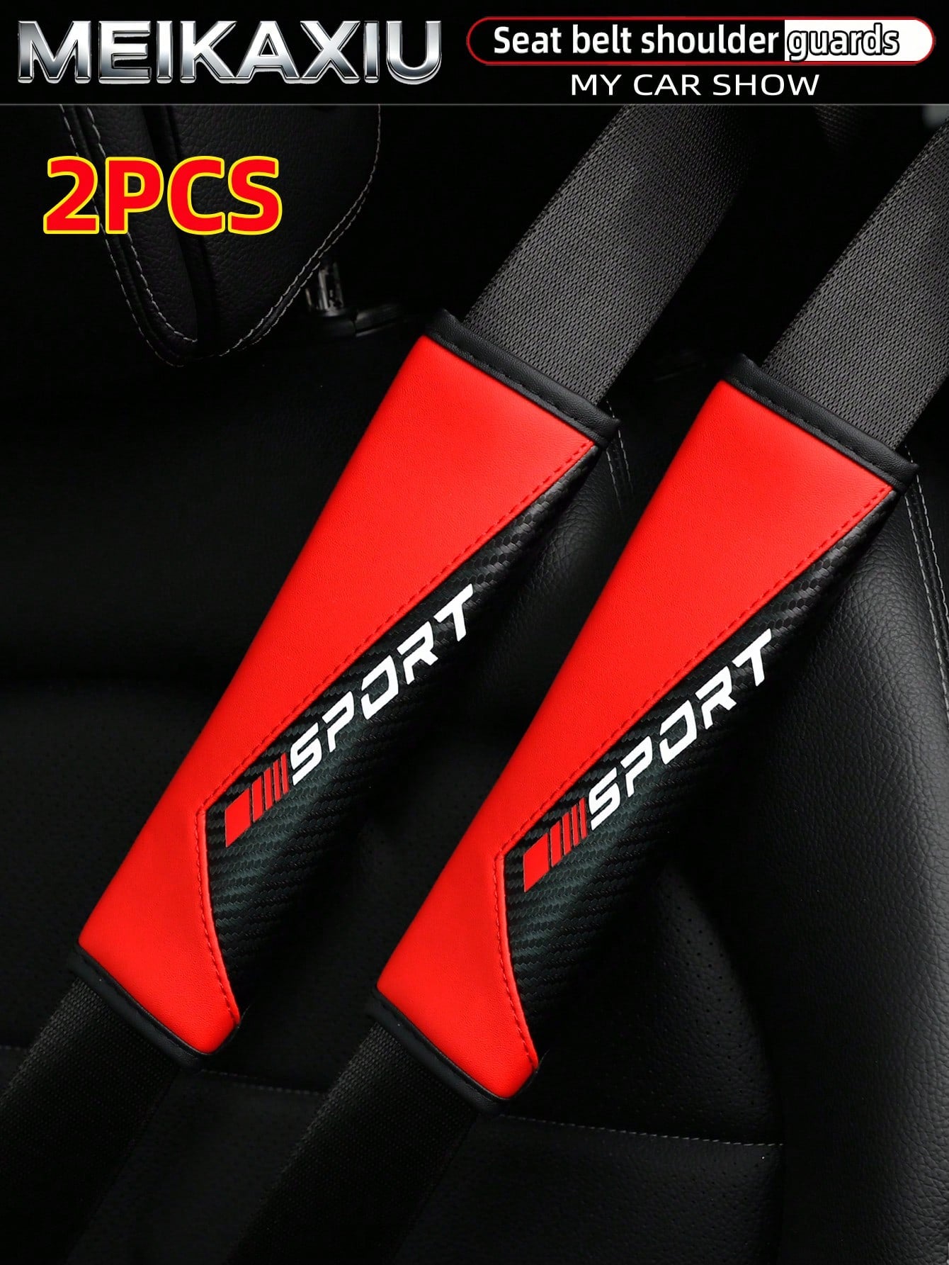 MEIKAXIU 1pc/2pcs New SPORT Red Carbon Fiber Car Shoulder Pad Safety Belt Decor Accessories, Auto Interior