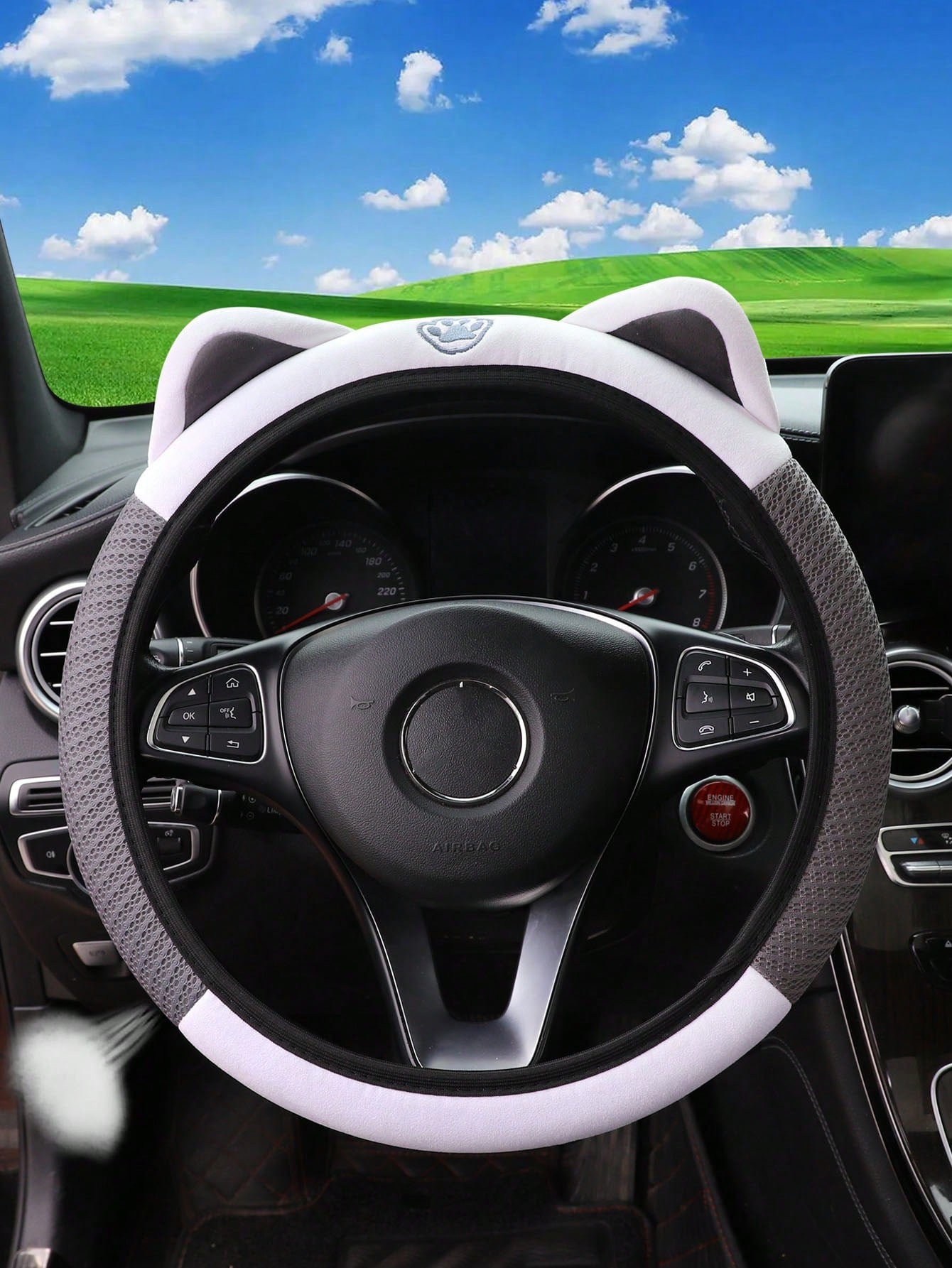 MEIKAXIU 1pc Breathable Mesh Pink, Blue, Green, Gray Cute Kitty Pattern Car Steering Wheel Cover For 14.5-15 Inch Vehicles, Women Interior Accessories