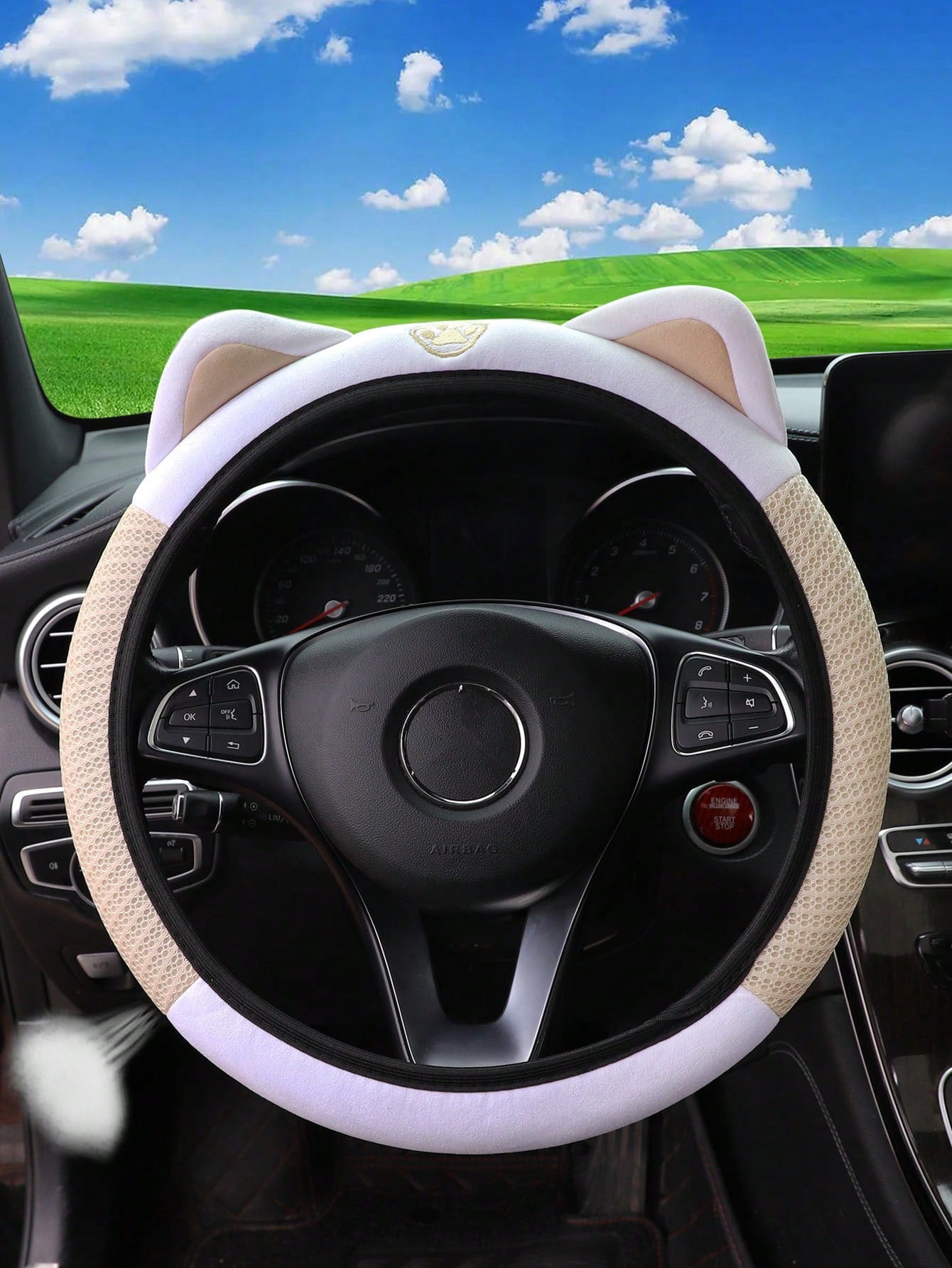 MEIKAXIU 1pc Breathable Mesh Pink, Blue, Green, Gray Cute Kitty Pattern Car Steering Wheel Cover For 14.5-15 Inch Vehicles, Women Interior Accessories