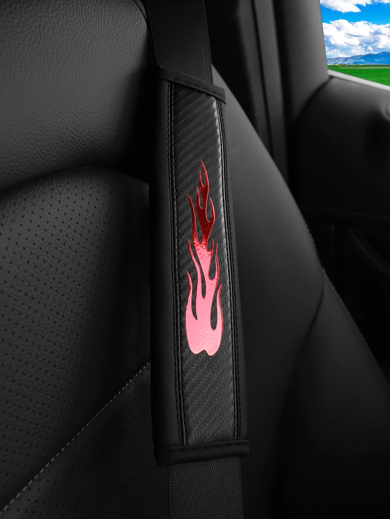 MEIKAXIU 1pc Carbon Fiber Leather Pattern Flame Design Car Seat Belt Cover,Universal Car Interior Decoration Accessories