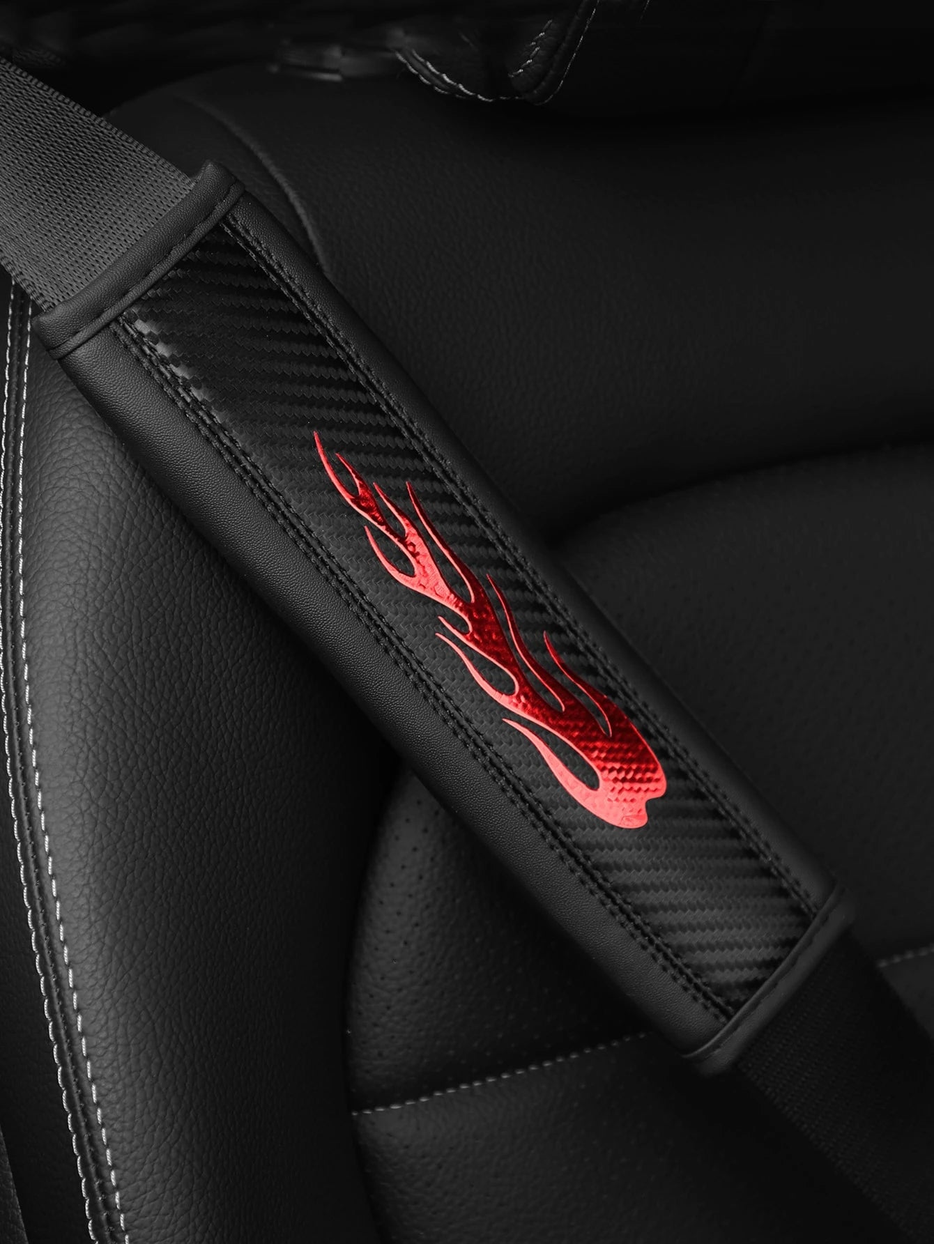 MEIKAXIU 1pc Carbon Fiber Leather Pattern Flame Design Car Seat Belt Cover,Universal Car Interior Decoration Accessories