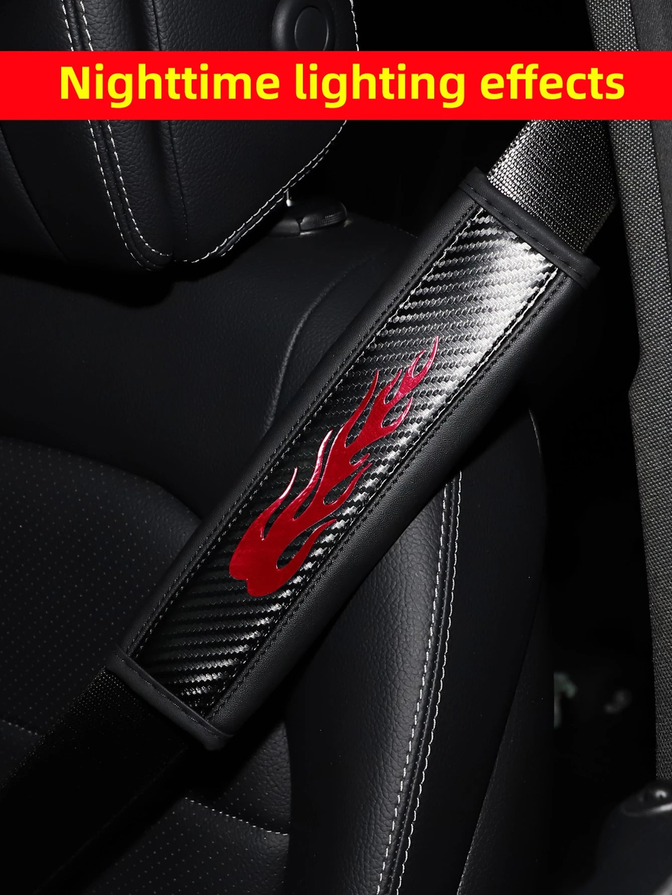 MEIKAXIU 1pc Carbon Fiber Leather Pattern Flame Design Car Seat Belt Cover,Universal Car Interior Decoration Accessories