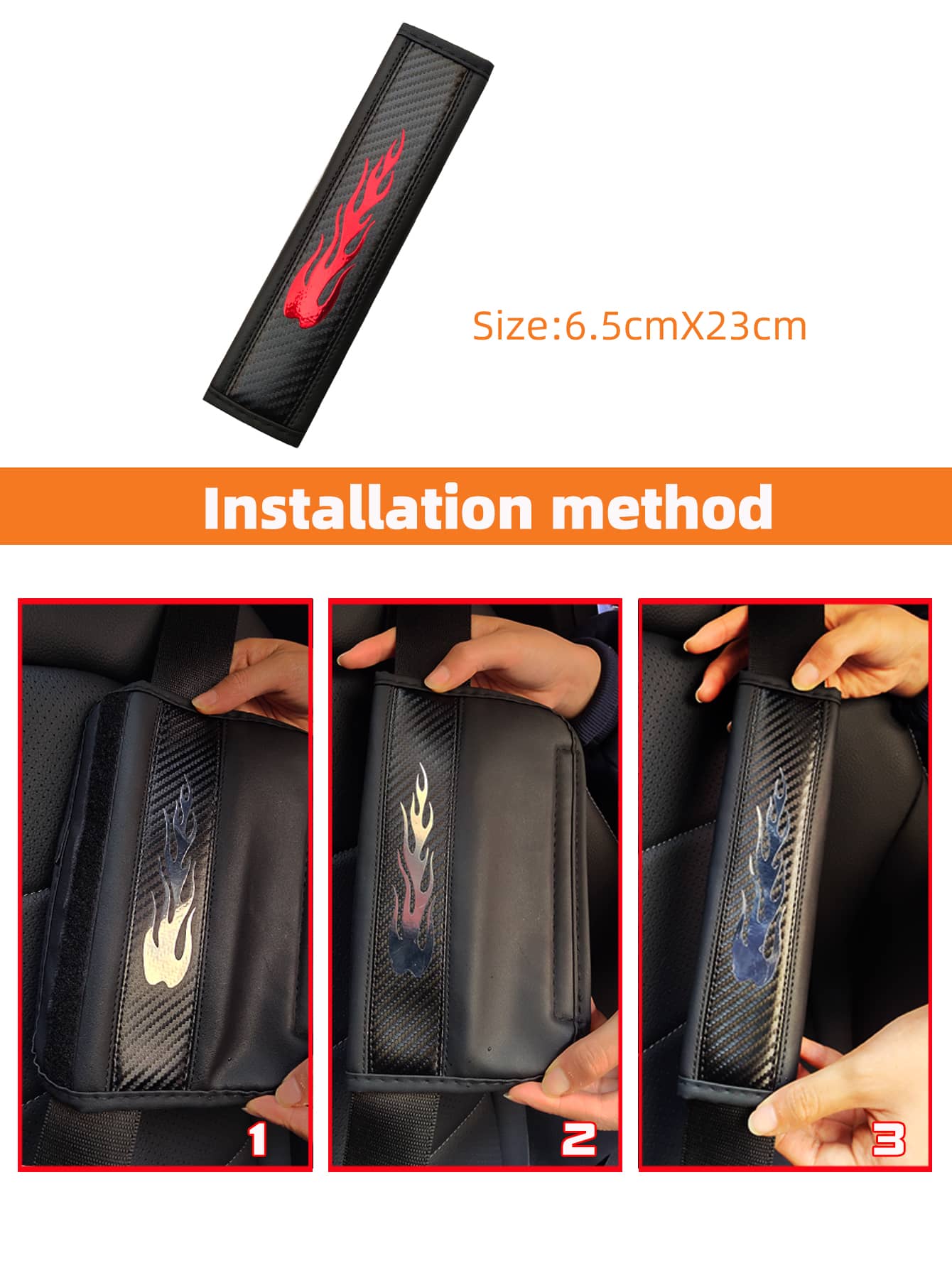 MEIKAXIU 1pc Carbon Fiber Leather Pattern Flame Design Car Seat Belt Cover,Universal Car Interior Decoration Accessories