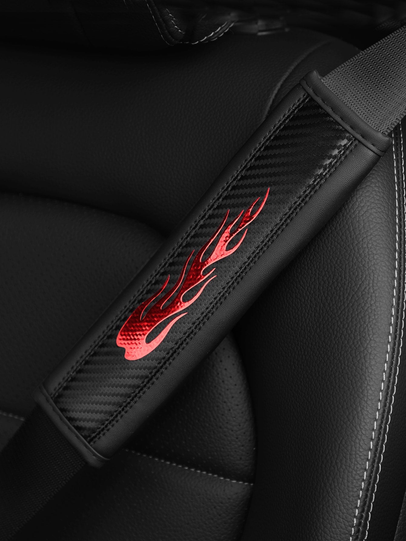 MEIKAXIU 1pc Carbon Fiber Leather Pattern Flame Design Car Seat Belt Cover,Universal Car Interior Decoration Accessories