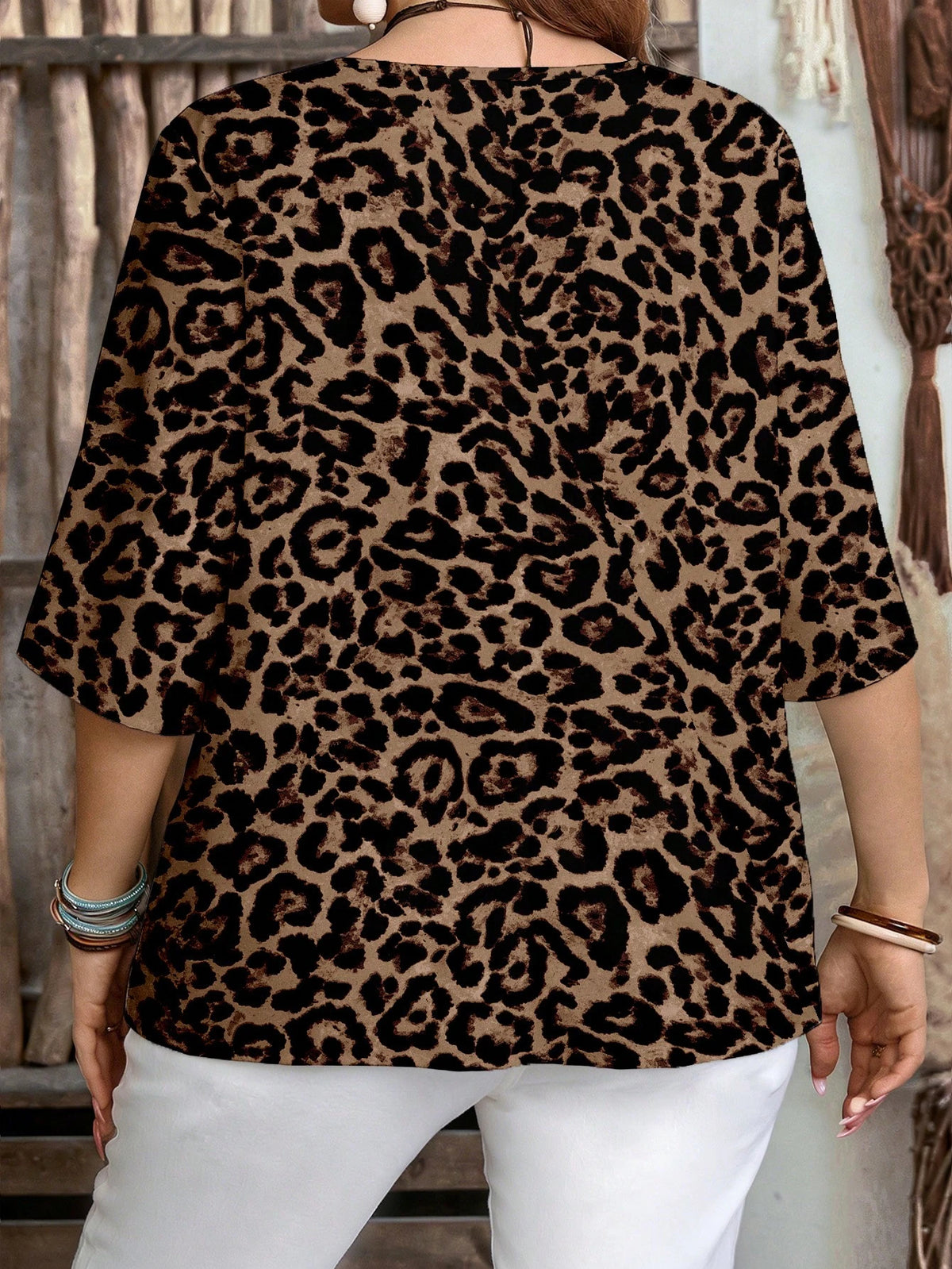 Mellowie Women's Casual Leopard Print 3/4 Sleeve Shirt,Black Autumn Boho Retro Elegant V Neck Blouse For Spring Summer Beach Resort Travel Occasion