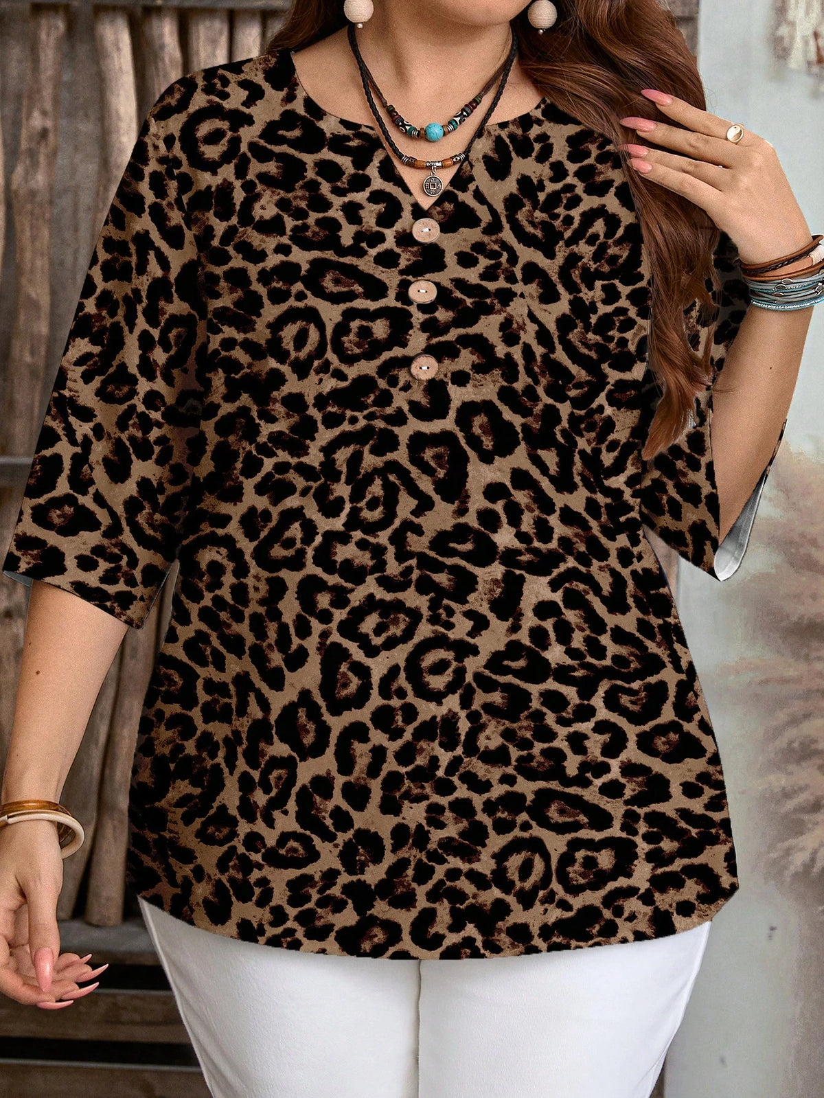 Mellowie Women's Casual Leopard Print 3/4 Sleeve Shirt,Black Autumn Boho Retro Elegant V Neck Blouse For Spring Summer Beach Resort Travel Occasion
