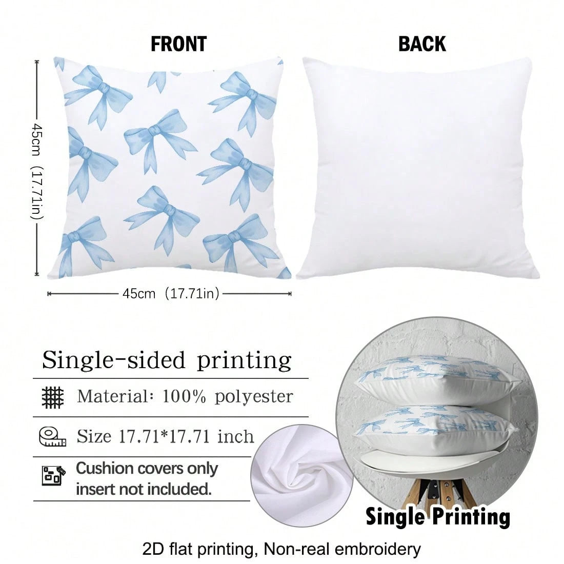 MEMNUN 1pc Blue Bow Print Pattern Cushion Cover [No Pillow Insert], 17.7*17.7in(45*45cm)/19.69*19.69in(50*50cm)/15.75*15.75in(40*40cm), [Single-Sided Printing] Polyester Pillow Sham, Room Decor, Home
