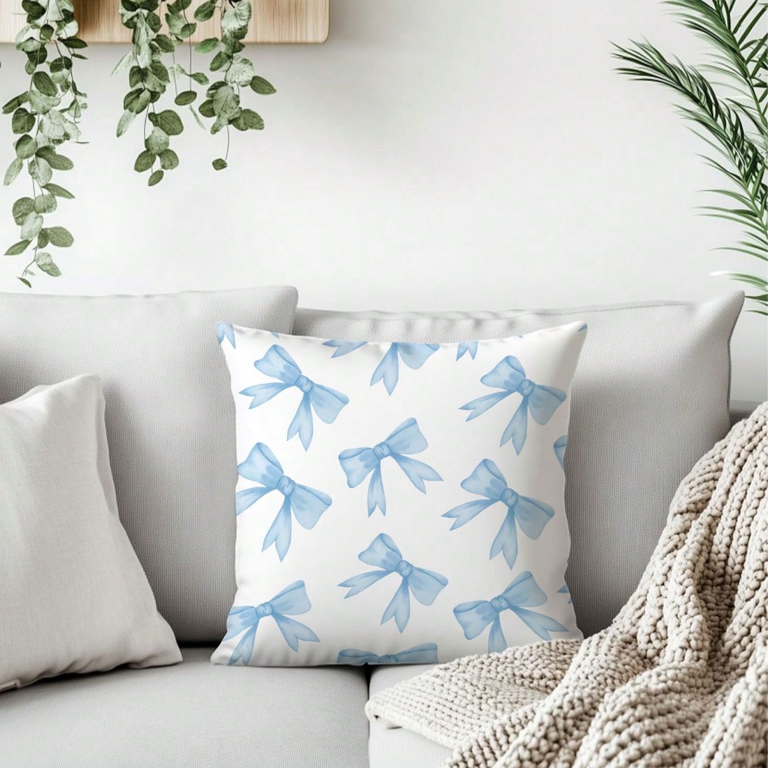 MEMNUN 1pc Blue Bow Print Pattern Cushion Cover [No Pillow Insert], 17.7*17.7in(45*45cm)/19.69*19.69in(50*50cm)/15.75*15.75in(40*40cm), [Single-Sided Printing] Polyester Pillow Sham, Room Decor, Home
