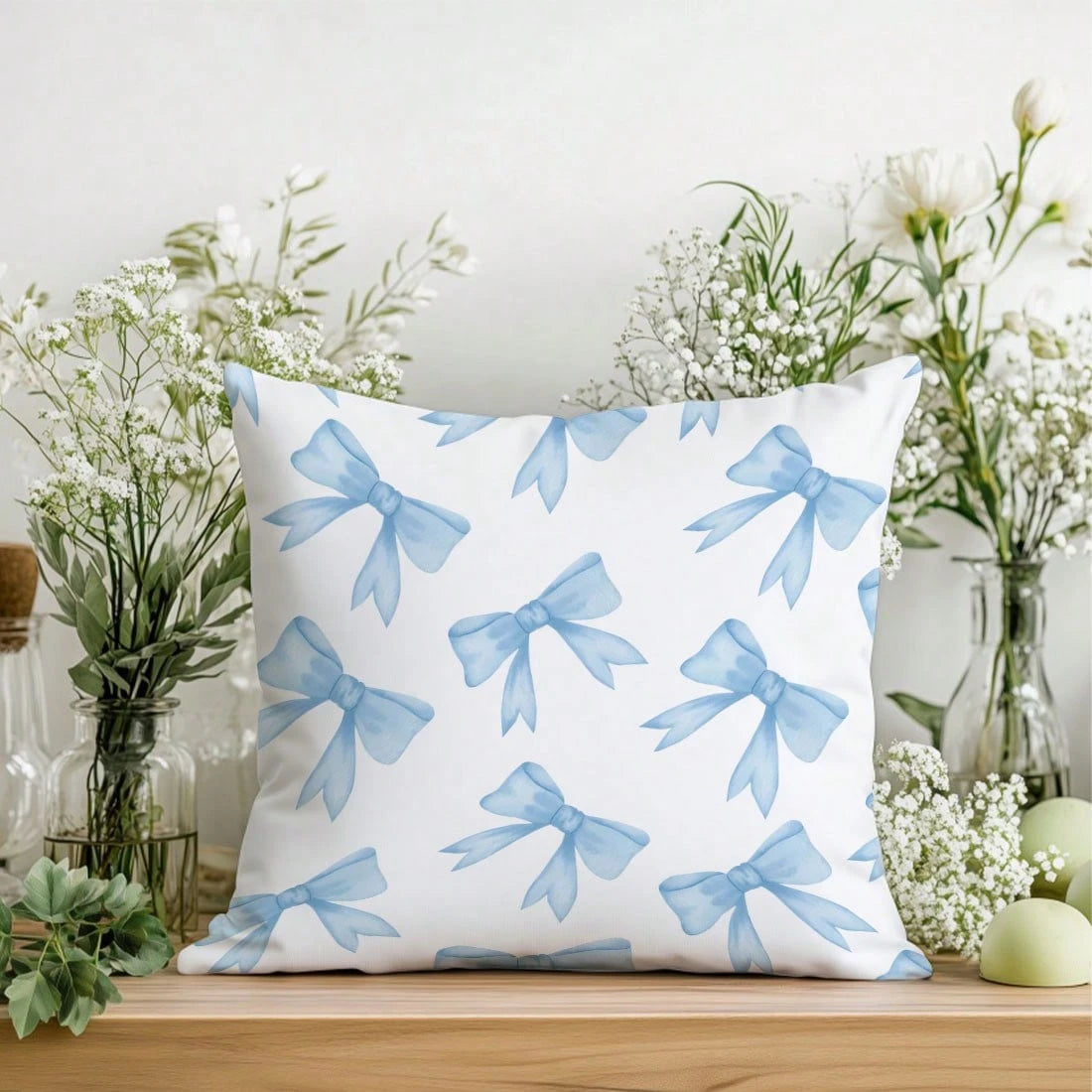 MEMNUN 1pc Blue Bow Print Pattern Cushion Cover [No Pillow Insert], 17.7*17.7in(45*45cm)/19.69*19.69in(50*50cm)/15.75*15.75in(40*40cm), [Single-Sided Printing] Polyester Pillow Sham, Room Decor, Home