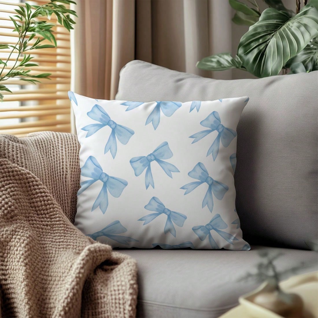 MEMNUN 1pc Blue Bow Print Pattern Cushion Cover [No Pillow Insert], 17.7*17.7in(45*45cm)/19.69*19.69in(50*50cm)/15.75*15.75in(40*40cm), [Single-Sided Printing] Polyester Pillow Sham, Room Decor, Home