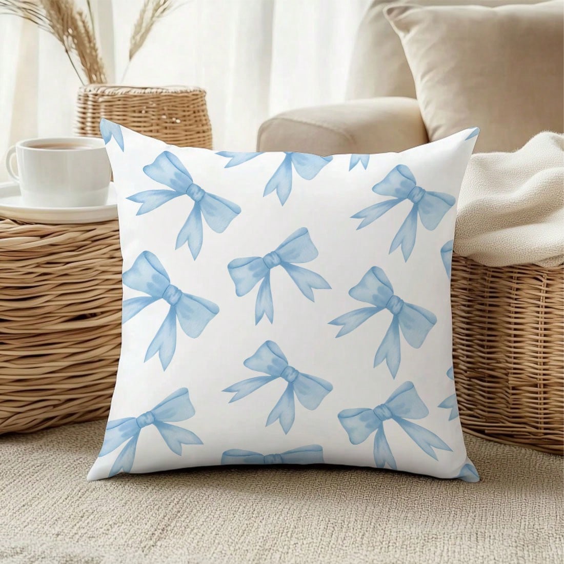 MEMNUN 1pc Blue Bow Print Pattern Cushion Cover [No Pillow Insert], 17.7*17.7in(45*45cm)/19.69*19.69in(50*50cm)/15.75*15.75in(40*40cm), [Single-Sided Printing] Polyester Pillow Sham, Room Decor, Home