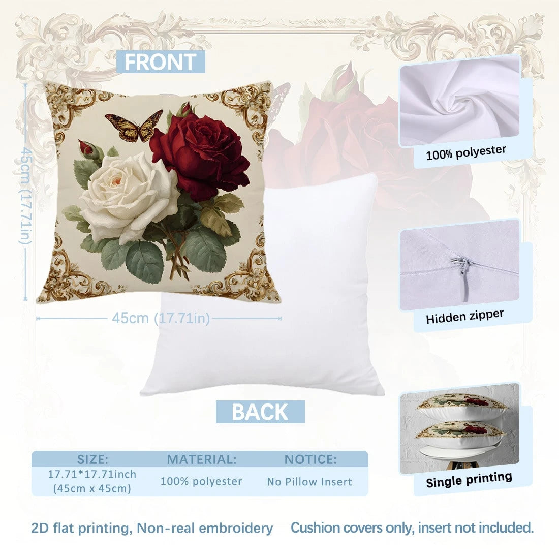 MEMNUN 2pcs Luxury Exquisite Vintage European Frame White & Red Rose Floral Print Pillow Covers [Pillow Insert Not Included], 17.7*17.7in(45*45cm)/19.69*19.69in(50*50cm)/15.75*15.75in(40*40cm), [Singl
