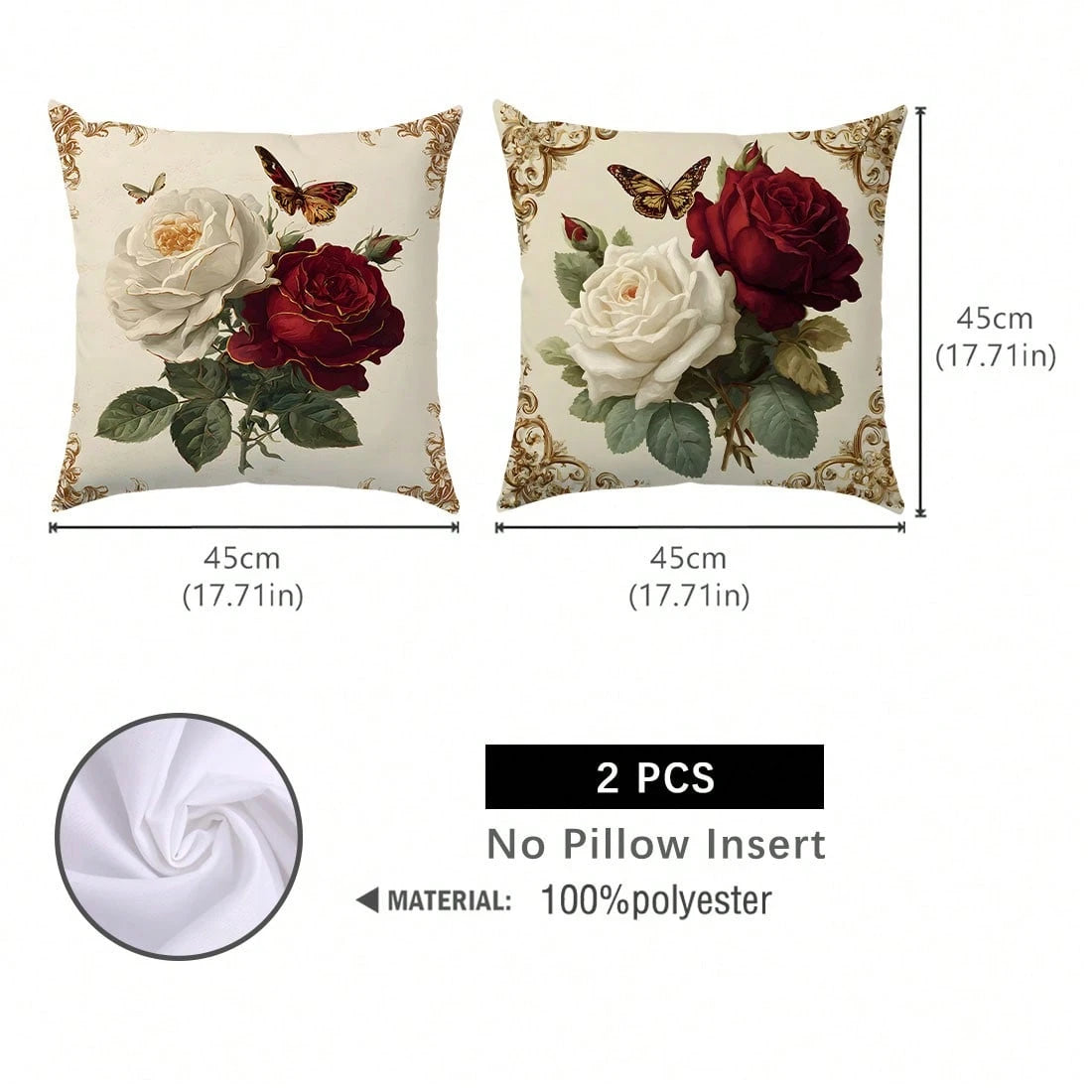 MEMNUN 2pcs Luxury Exquisite Vintage European Frame White & Red Rose Floral Print Pillow Covers [Pillow Insert Not Included], 17.7*17.7in(45*45cm)/19.69*19.69in(50*50cm)/15.75*15.75in(40*40cm), [Singl