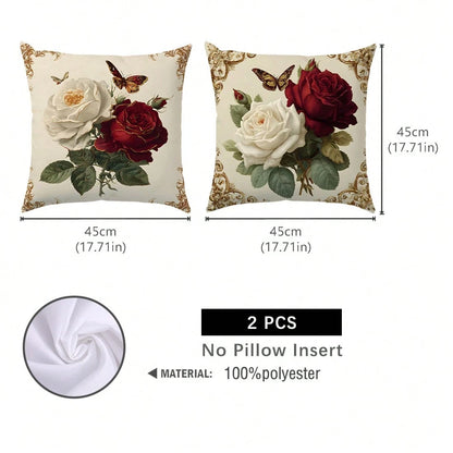 MEMNUN 2pcs Luxury Exquisite Vintage European Frame White & Red Rose Floral Print Pillow Covers [Pillow Insert Not Included], 17.7*17.7in(45*45cm)/19.69*19.69in(50*50cm)/15.75*15.75in(40*40cm), [Singl