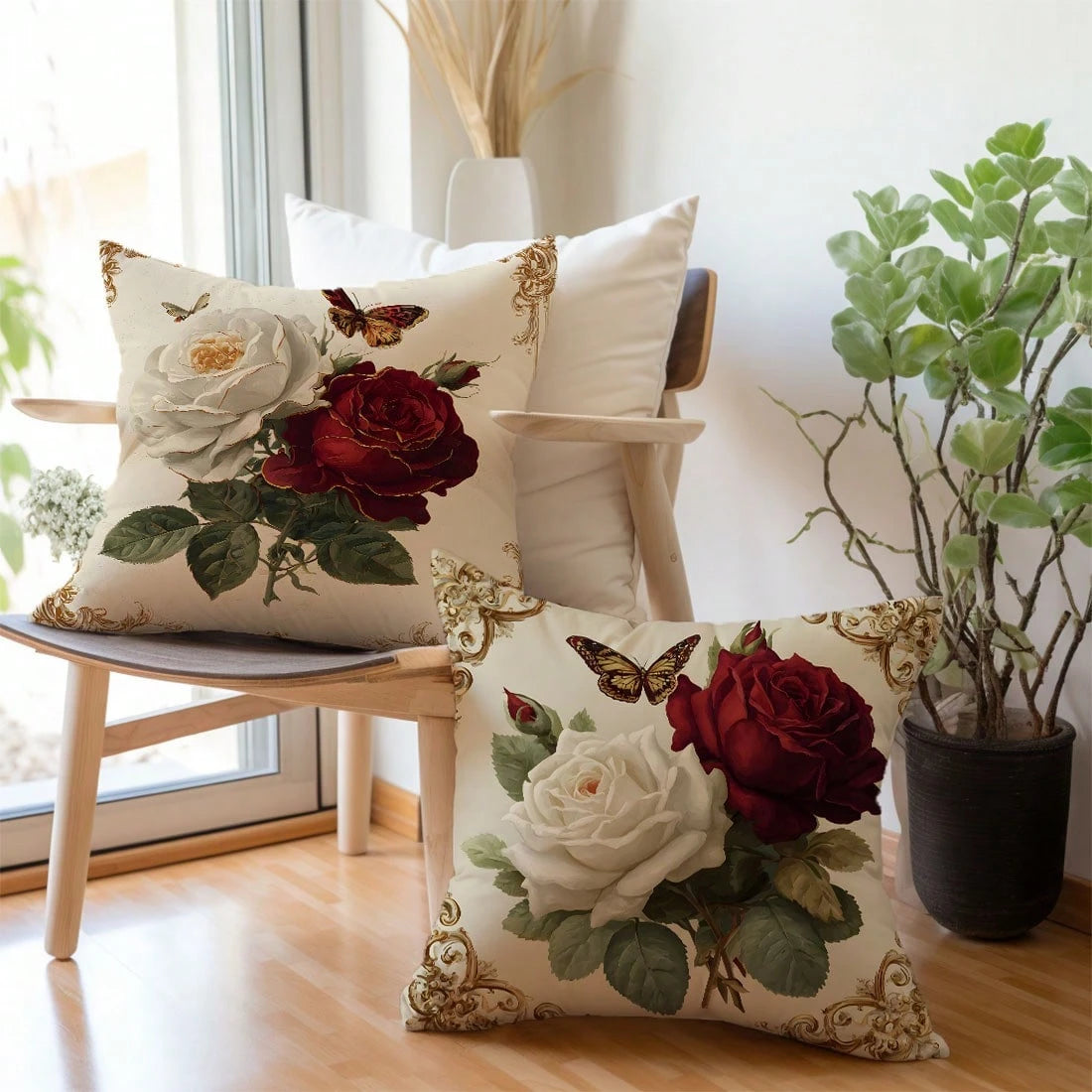 MEMNUN 2pcs Luxury Exquisite Vintage European Frame White & Red Rose Floral Print Pillow Covers [Pillow Insert Not Included], 17.7*17.7in(45*45cm)/19.69*19.69in(50*50cm)/15.75*15.75in(40*40cm), [Singl