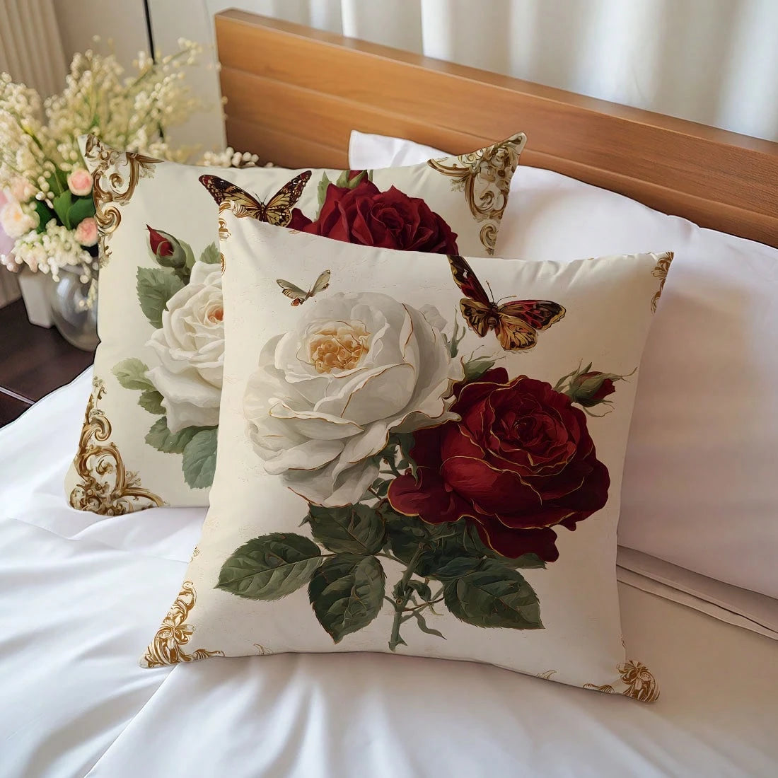 MEMNUN 2pcs Luxury Exquisite Vintage European Frame White & Red Rose Floral Print Pillow Covers [Pillow Insert Not Included], 17.7*17.7in(45*45cm)/19.69*19.69in(50*50cm)/15.75*15.75in(40*40cm), [Singl