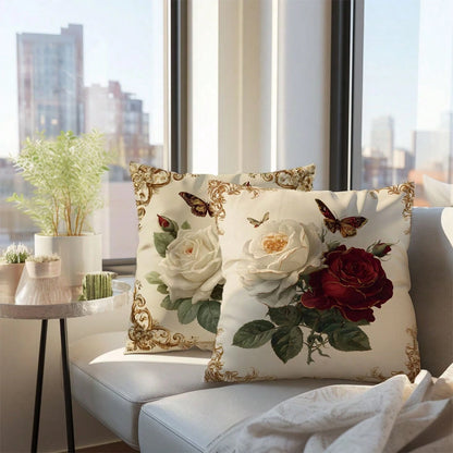 MEMNUN 2pcs Luxury Exquisite Vintage European Frame White & Red Rose Floral Print Pillow Covers [Pillow Insert Not Included], 17.7*17.7in(45*45cm)/19.69*19.69in(50*50cm)/15.75*15.75in(40*40cm), [Singl