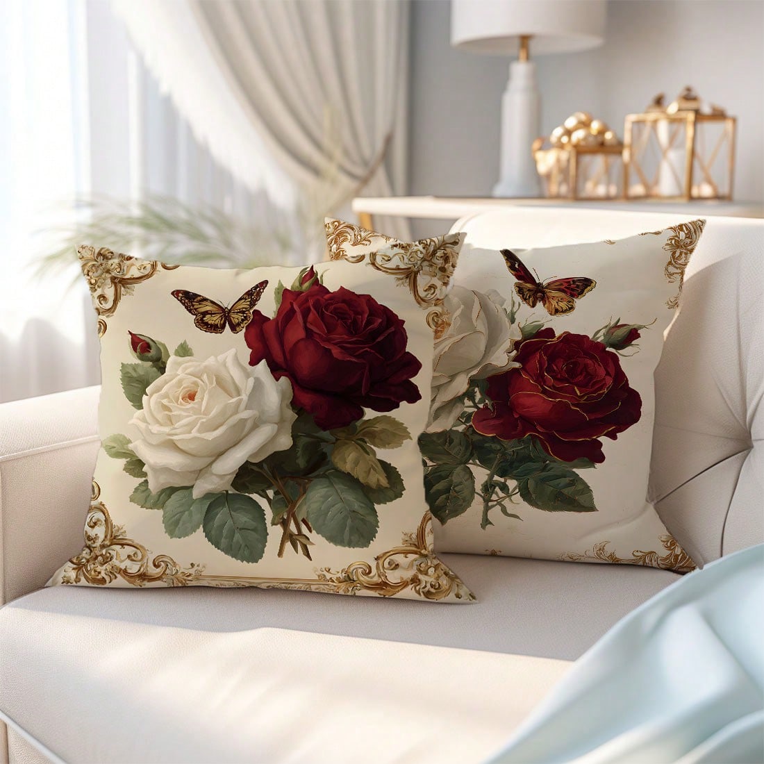 MEMNUN 2pcs Luxury Exquisite Vintage European Frame White & Red Rose Floral Print Pillow Covers [Pillow Insert Not Included], 17.7*17.7in(45*45cm)/19.69*19.69in(50*50cm)/15.75*15.75in(40*40cm), [Singl