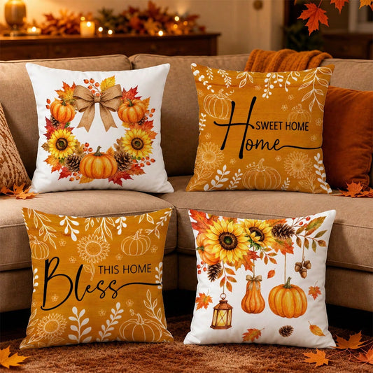 MEMNUN 4pcs Autumn Bow, Sunflower, Pumpkin, Lantern, Branch, Leaf, Pine Cone Print Pattern Throw Pillow Covers [Pillow Insert Not Included] 40*40cm/45*45cm/50*50cm [Single-Sided Print] Made Of Polyest
