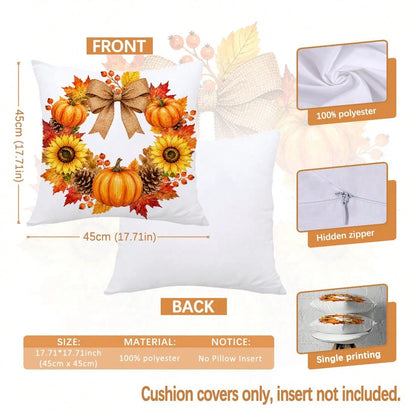 MEMNUN 4pcs Autumn Bow, Sunflower, Pumpkin, Lantern, Branch, Leaf, Pine Cone Print Pattern Throw Pillow Covers [Pillow Insert Not Included] 40*40cm/45*45cm/50*50cm [Single-Sided Print] Made Of Polyest