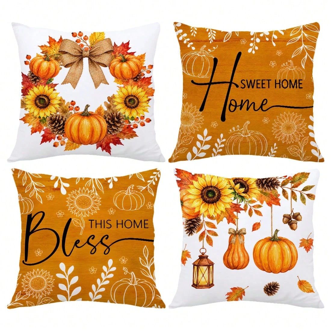MEMNUN 4pcs Autumn Bow, Sunflower, Pumpkin, Lantern, Branch, Leaf, Pine Cone Print Pattern Throw Pillow Covers [Pillow Insert Not Included] 40*40cm/45*45cm/50*50cm [Single-Sided Print] Made Of Polyest