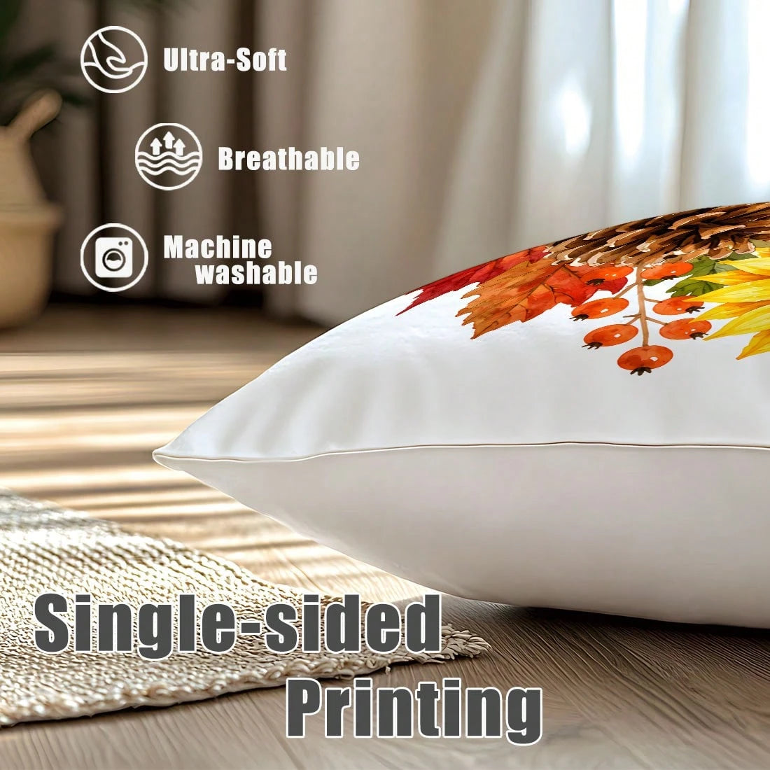 MEMNUN 4pcs Autumn Bow, Sunflower, Pumpkin, Lantern, Branch, Leaf, Pine Cone Print Pattern Throw Pillow Covers [Pillow Insert Not Included] 40*40cm/45*45cm/50*50cm [Single-Sided Print] Made Of Polyest