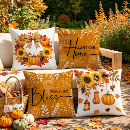 MEMNUN 4pcs Autumn Bow, Sunflower, Pumpkin, Lantern, Branch, Leaf, Pine Cone Print Pattern Throw Pillow Covers [Pillow Insert Not Included] 40*40cm/45*45cm/50*50cm [Single-Sided Print] Made Of Polyest