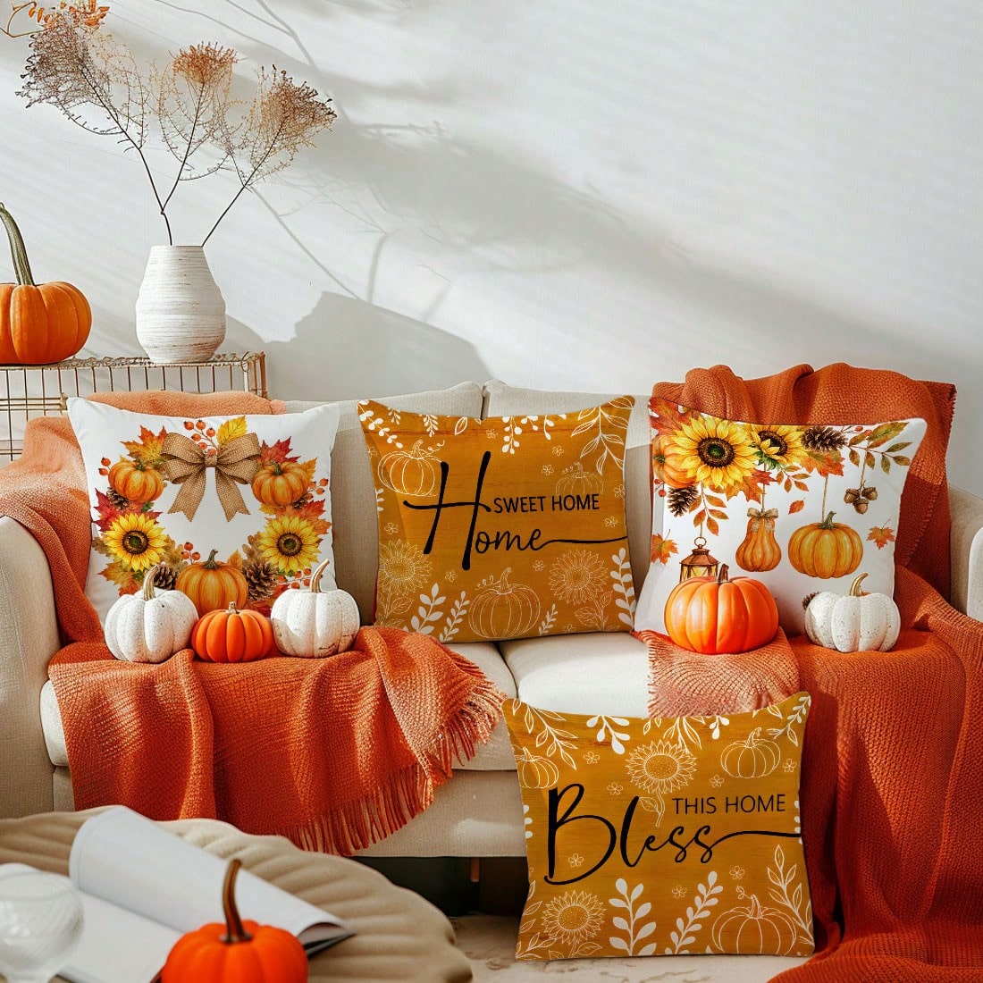 MEMNUN 4pcs Autumn Bow, Sunflower, Pumpkin, Lantern, Branch, Leaf, Pine Cone Print Pattern Throw Pillow Covers [Pillow Insert Not Included] 40*40cm/45*45cm/50*50cm [Single-Sided Print] Made Of Polyest