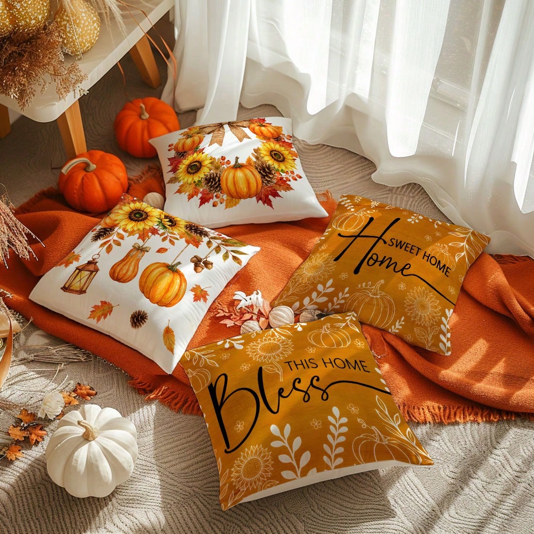 MEMNUN 4pcs Autumn Bow, Sunflower, Pumpkin, Lantern, Branch, Leaf, Pine Cone Print Pattern Throw Pillow Covers [Pillow Insert Not Included] 40*40cm/45*45cm/50*50cm [Single-Sided Print] Made Of Polyest