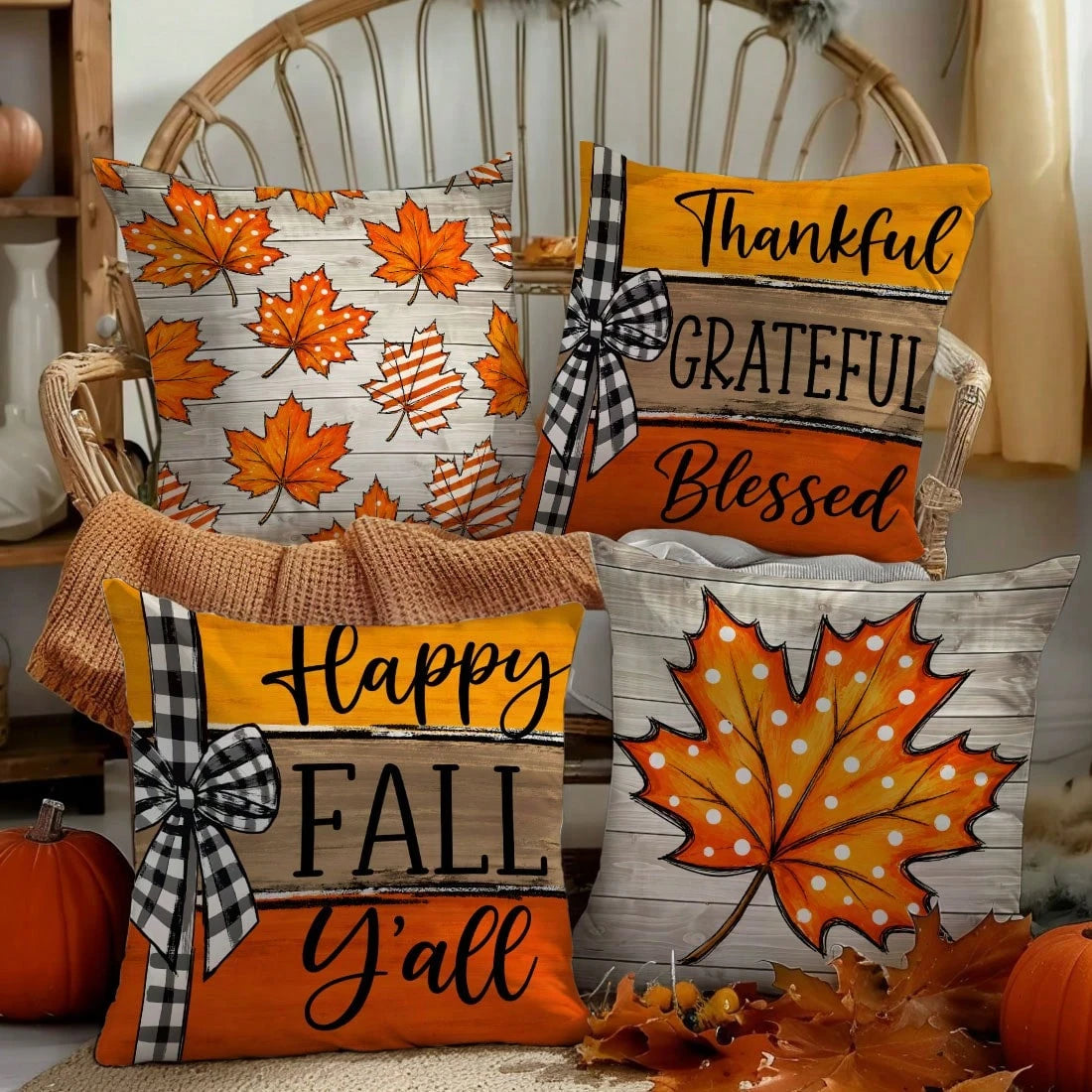 MEMNUN 4pcs Autumn Vintage Wood Grain Polka Dot Maple Leaf Print Cushion Covers [Pillow Insert Not Included], 40*40cm/45*45cm/50*50cm, [Single-Sided Print] Made Of Polyester Material Black And White P