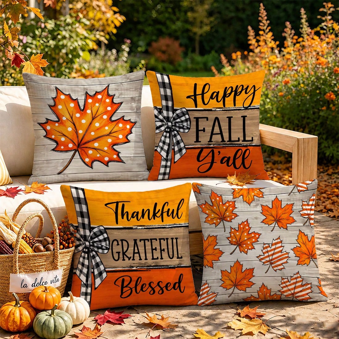 MEMNUN 4pcs Autumn Vintage Wood Grain Polka Dot Maple Leaf Print Cushion Covers [Pillow Insert Not Included], 40*40cm/45*45cm/50*50cm, [Single-Sided Print] Made Of Polyester Material Black And White P